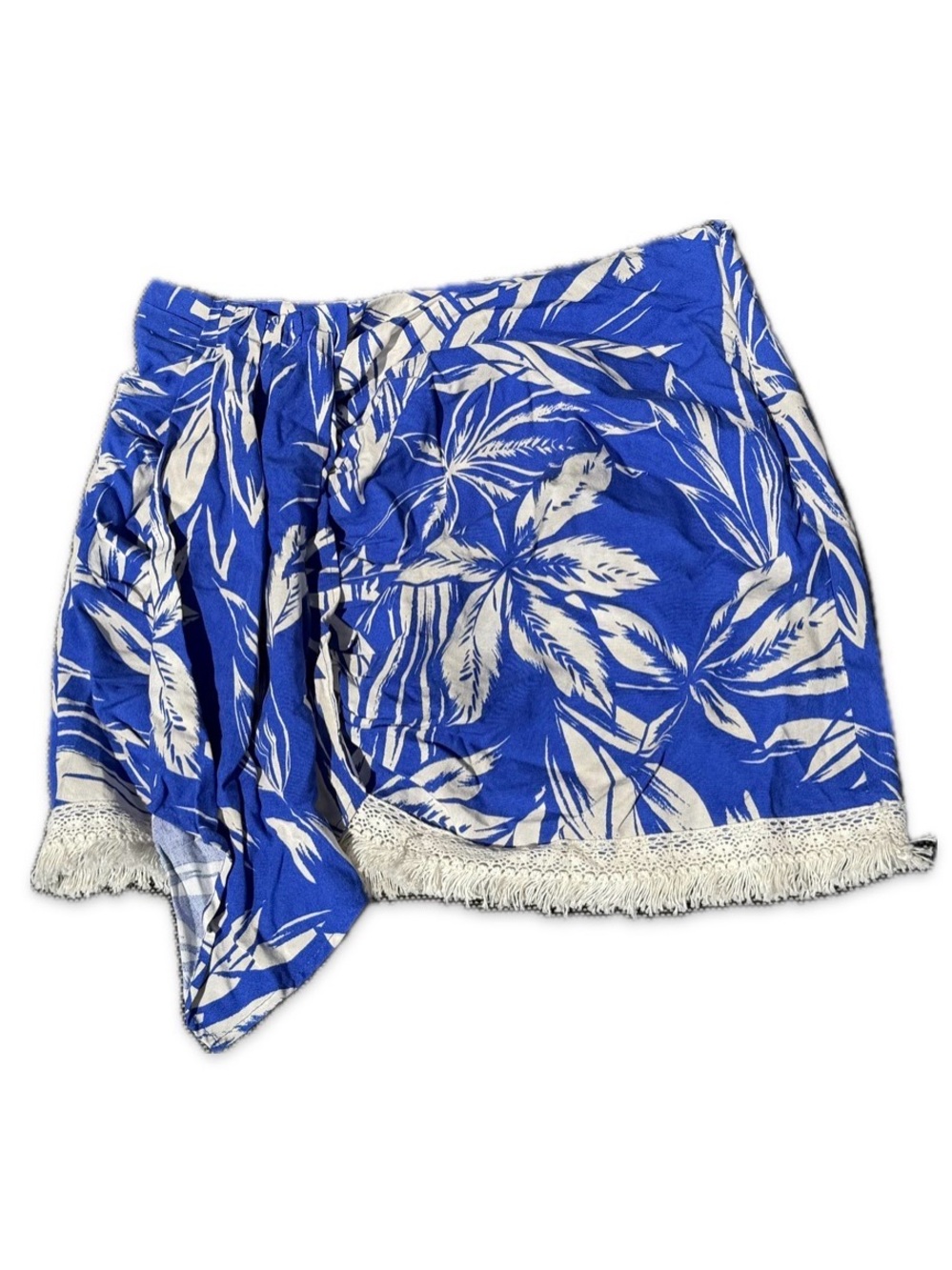 Zara Blue and White Tropical Fringe Mini Skirt